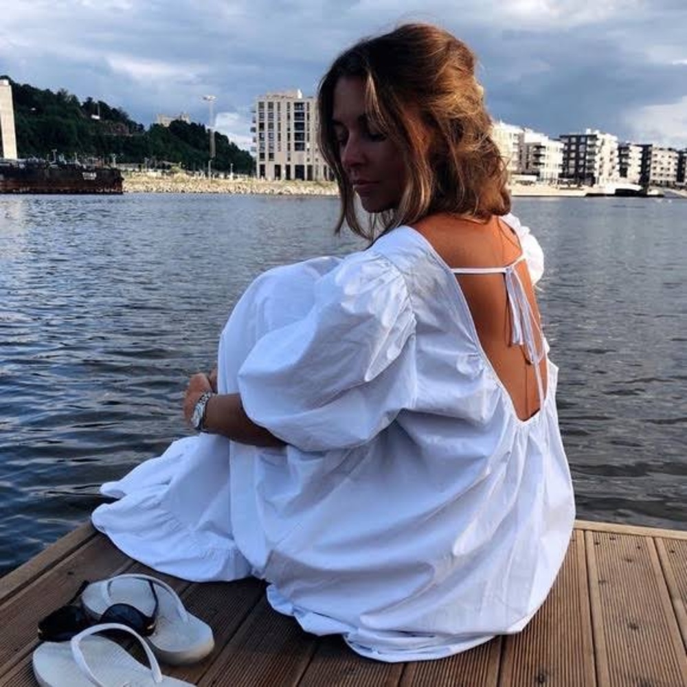 H&M White Puff-Sleeve Midi Dress with Open Back